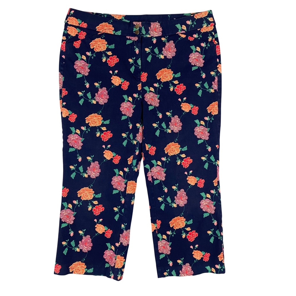 Chico's Women's Size 12 Chico's 2 Rose Floral Print Cropped Straight Pants Navy‎